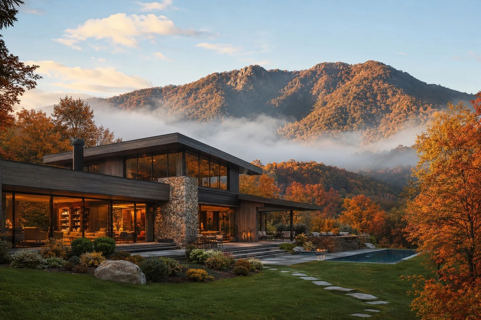 Luxury alpine property exterior in autumn