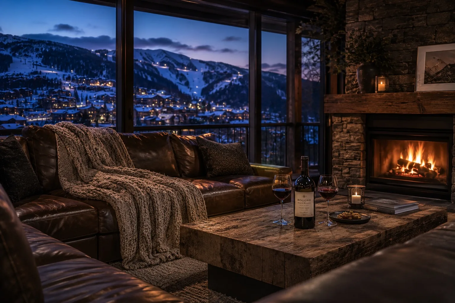 Luxury alpine chalet with fireplace and mountain views at dusk